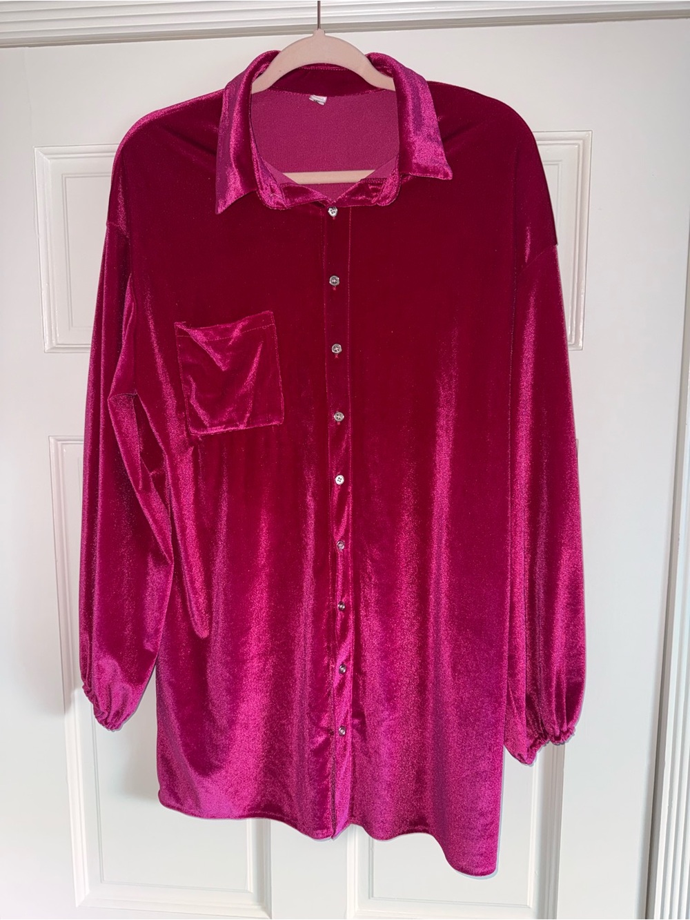 Women's Fuchsia Velvet Button-Up Shirt - Casual to Dressy